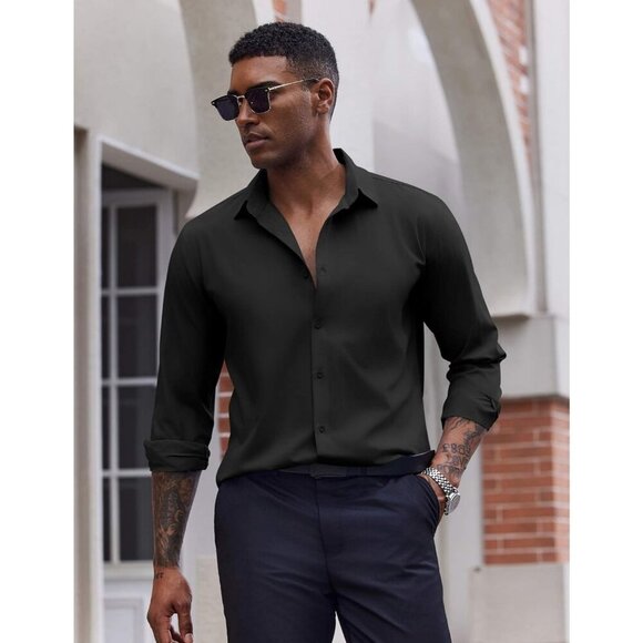 Coofandy Men Solid Black Long Sleeve Button Down Regular Fit Business Shirt - Picture 3 of 6
